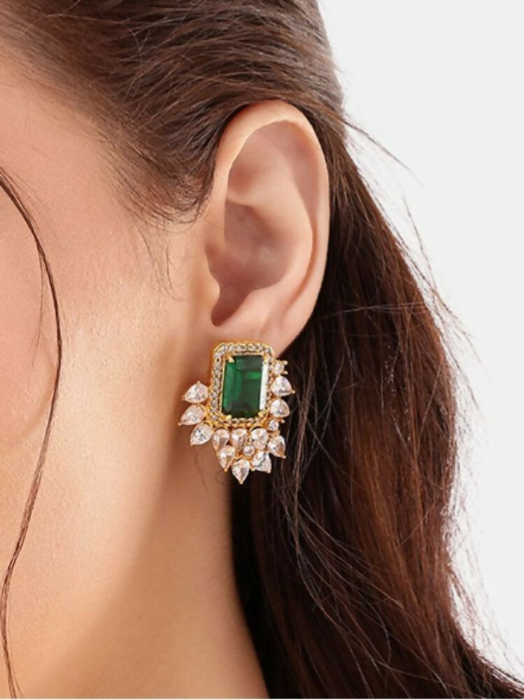 Nuyug 22K Gold Plated Emerald Fern Muse Stud Earrings | Grocsy