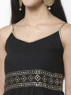 Myshka Women Black Rayon Solid Sleeveless Round Neck Kurta With Sharara & Dupatta Set | Grocsy