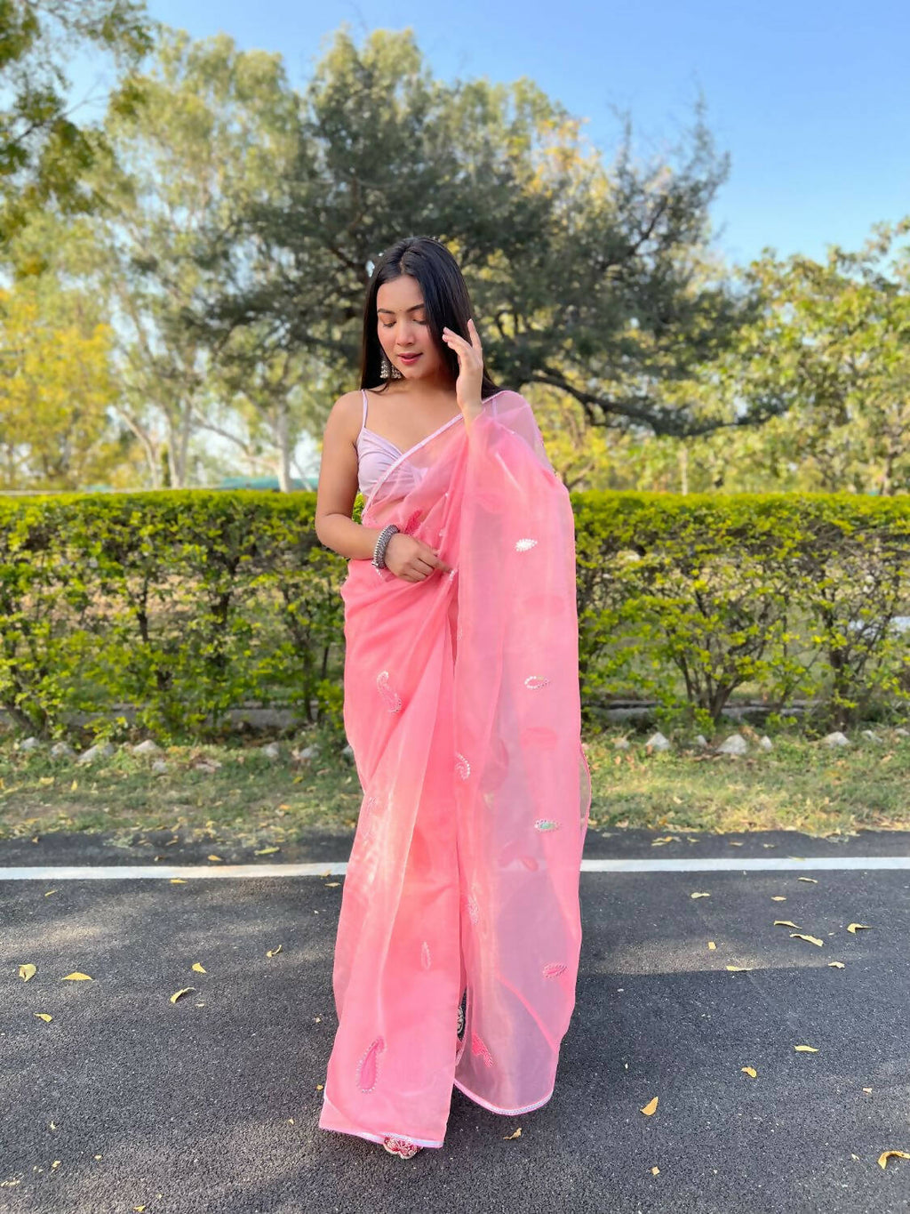 Vamsee Pink Organza Saree | Grocsy