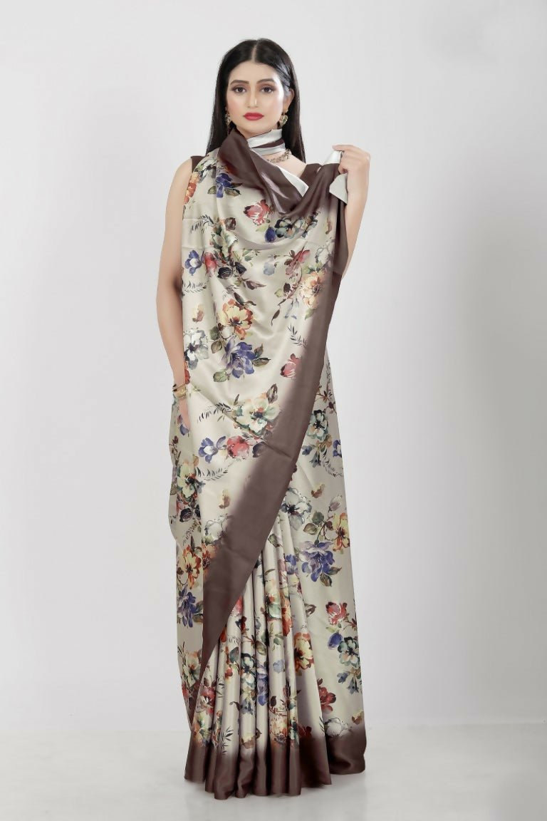 Aayaa Designer Printed Satin Saree - Multi Color | Grocsy