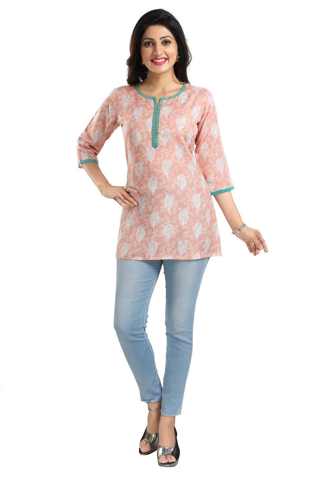 Snehal Creations Pretty Pastel Peach Rayon Short Kurti Tunic Top | Grocsy
