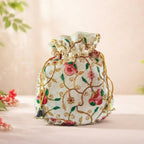 JS Fashion Bridal Silk Brocade Potli Bag with Pearl Border & Beaded Handle | Grocsy