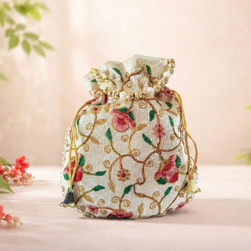 JS Fashion Bridal Silk Brocade Potli Bag with Pearl Border & Beaded Handle | Grocsy