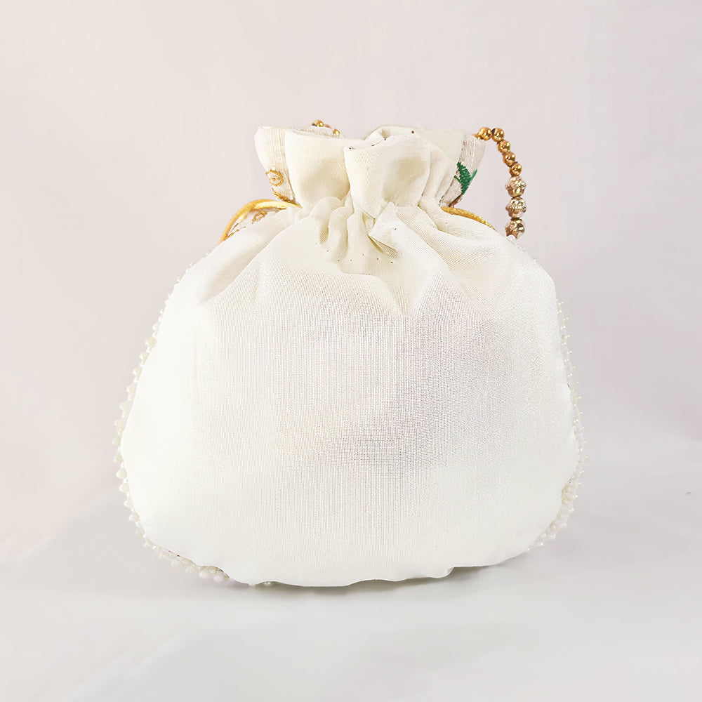 JS Fashion Bridal Silk Brocade Potli Bag with Pearl Border & Beaded Handle | Grocsy