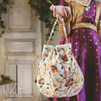 JS Fashion Bridal Silk Brocade Potli Bag with Pearl Border & Beaded Handle | Grocsy