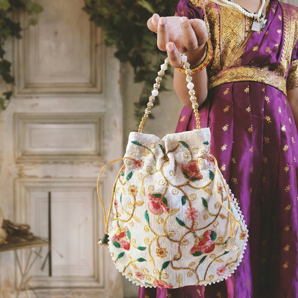 JS Fashion Bridal Silk Brocade Potli Bag with Pearl Border & Beaded Handle | Grocsy