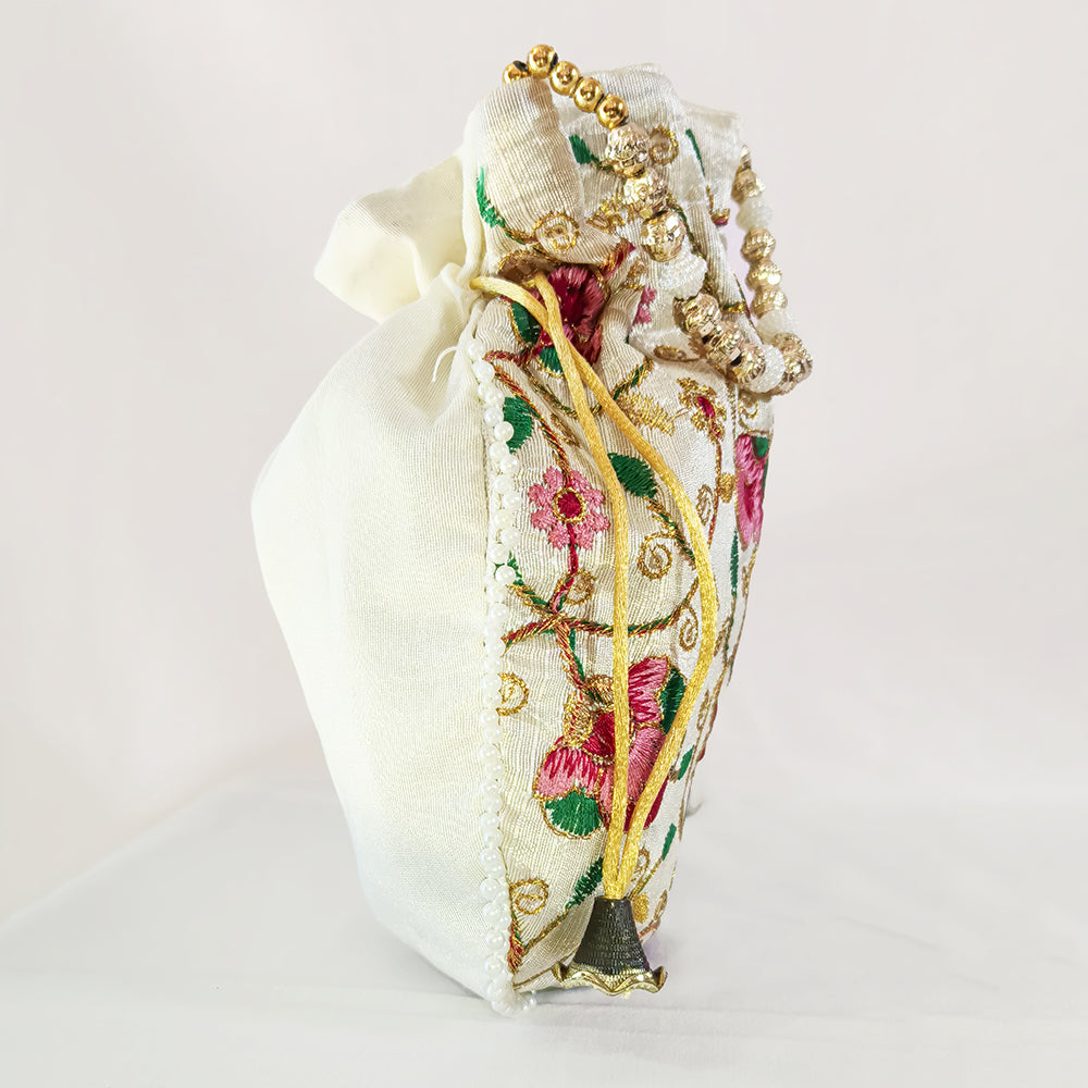 JS Fashion Bridal Silk Brocade Potli Bag with Pearl Border & Beaded Handle | Grocsy