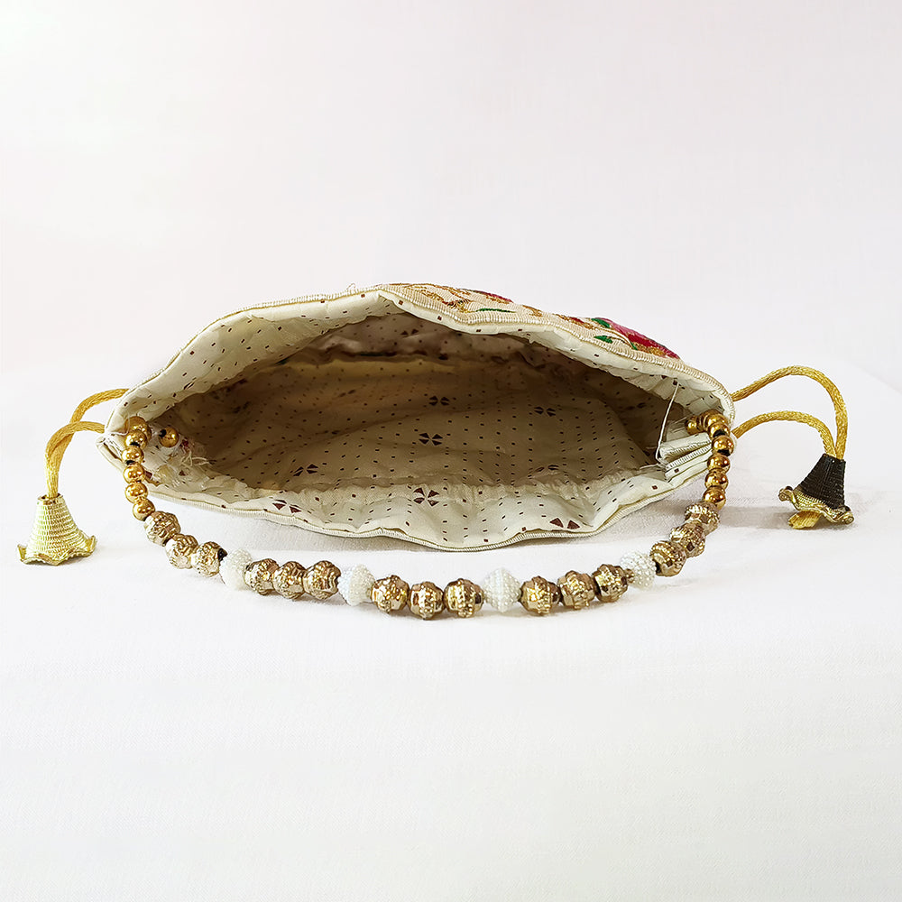JS Fashion Bridal Silk Brocade Potli Bag with Pearl Border & Beaded Handle | Grocsy