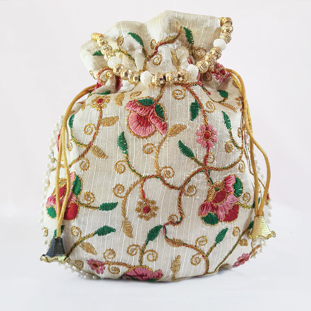 JS Fashion Bridal Silk Brocade Potli Bag with Pearl Border & Beaded Handle | Grocsy