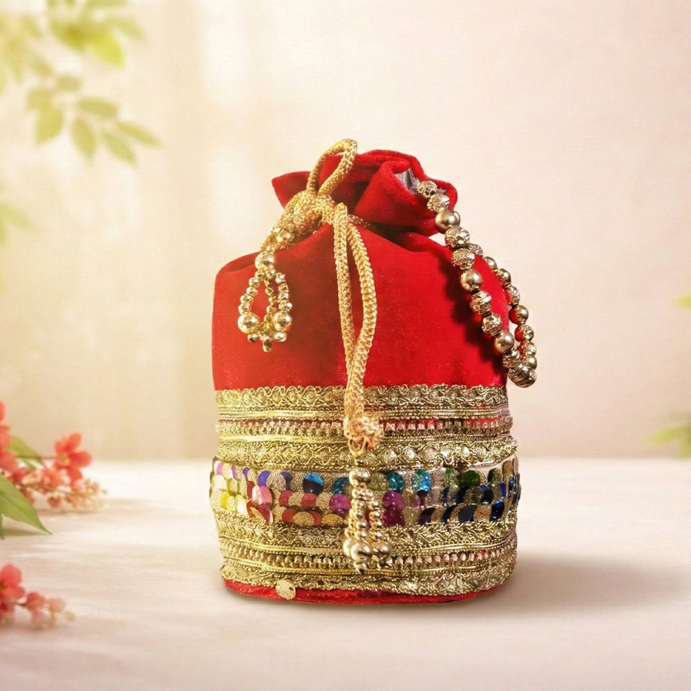 JS Fashion Silk Designer Potli Bag with Golden Embroidery & Pearl Handle | Grocsy