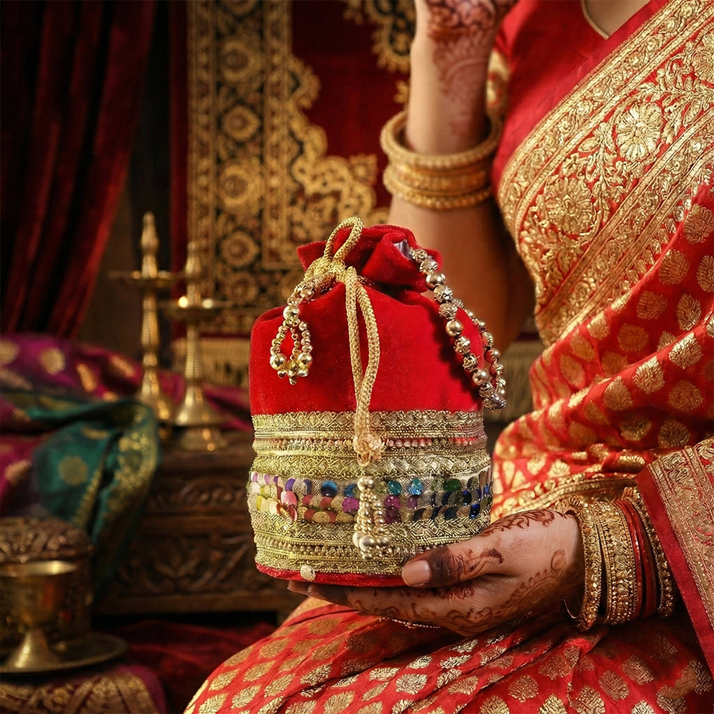 JS Fashion Silk Designer Potli Bag with Golden Embroidery & Pearl Handle | Grocsy