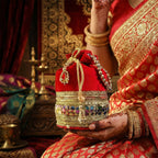 JS Fashion Silk Designer Potli Bag with Golden Embroidery & Pearl Handle | Grocsy