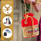 JS Fashion Silk Designer Potli Bag with Golden Embroidery & Pearl Handle | Grocsy