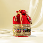 JS Fashion Silk Designer Potli Bag with Golden Embroidery & Pearl Handle | Grocsy
