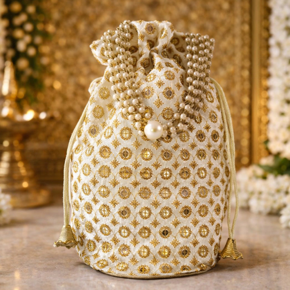 JS Fashion Cream & Gold Embroidered Potli Bag with Bead Work | Grocsy