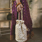 JS Fashion Cream & Gold Embroidered Potli Bag with Bead Work | Grocsy