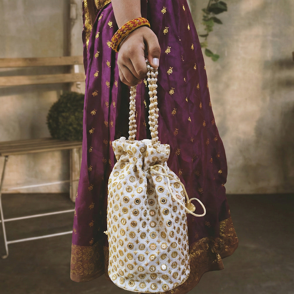JS Fashion Cream & Gold Embroidered Potli Bag with Bead Work | Grocsy