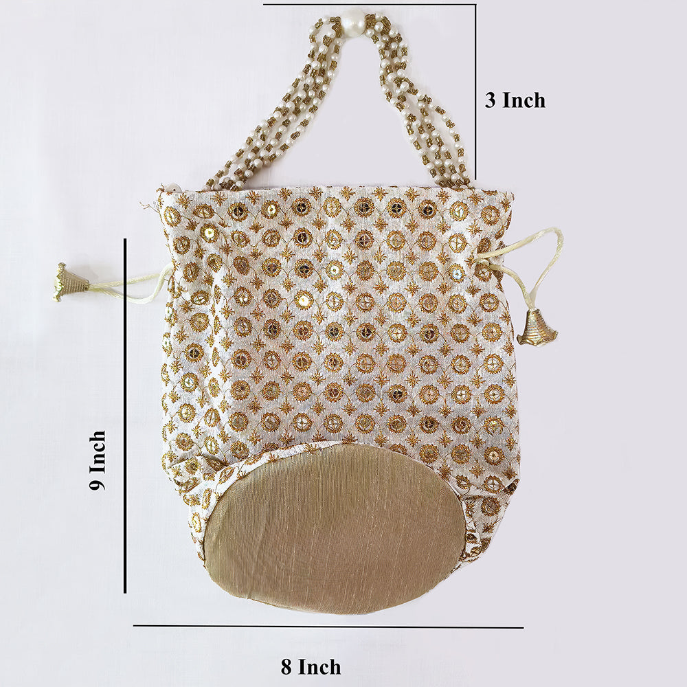 JS Fashion Cream & Gold Embroidered Potli Bag with Bead Work | Grocsy