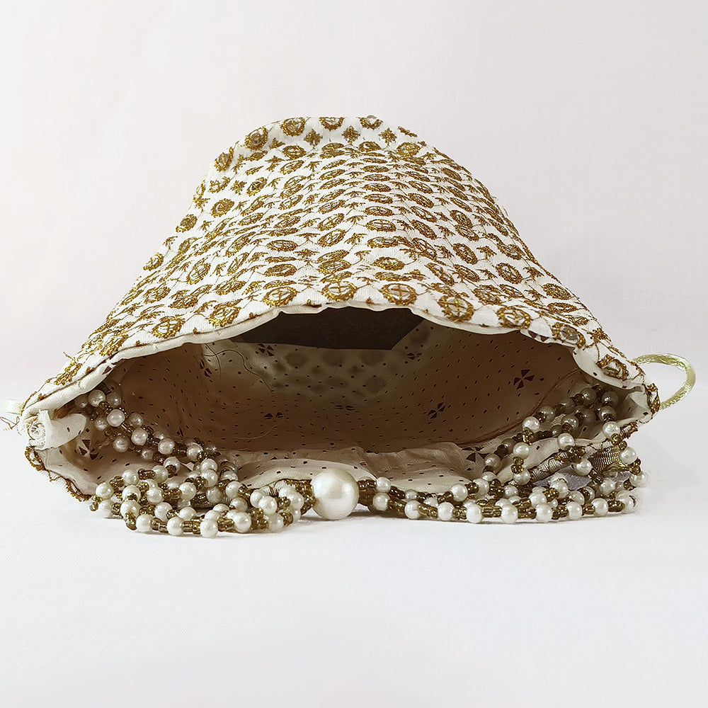 JS Fashion Cream & Gold Embroidered Potli Bag with Bead Work | Grocsy