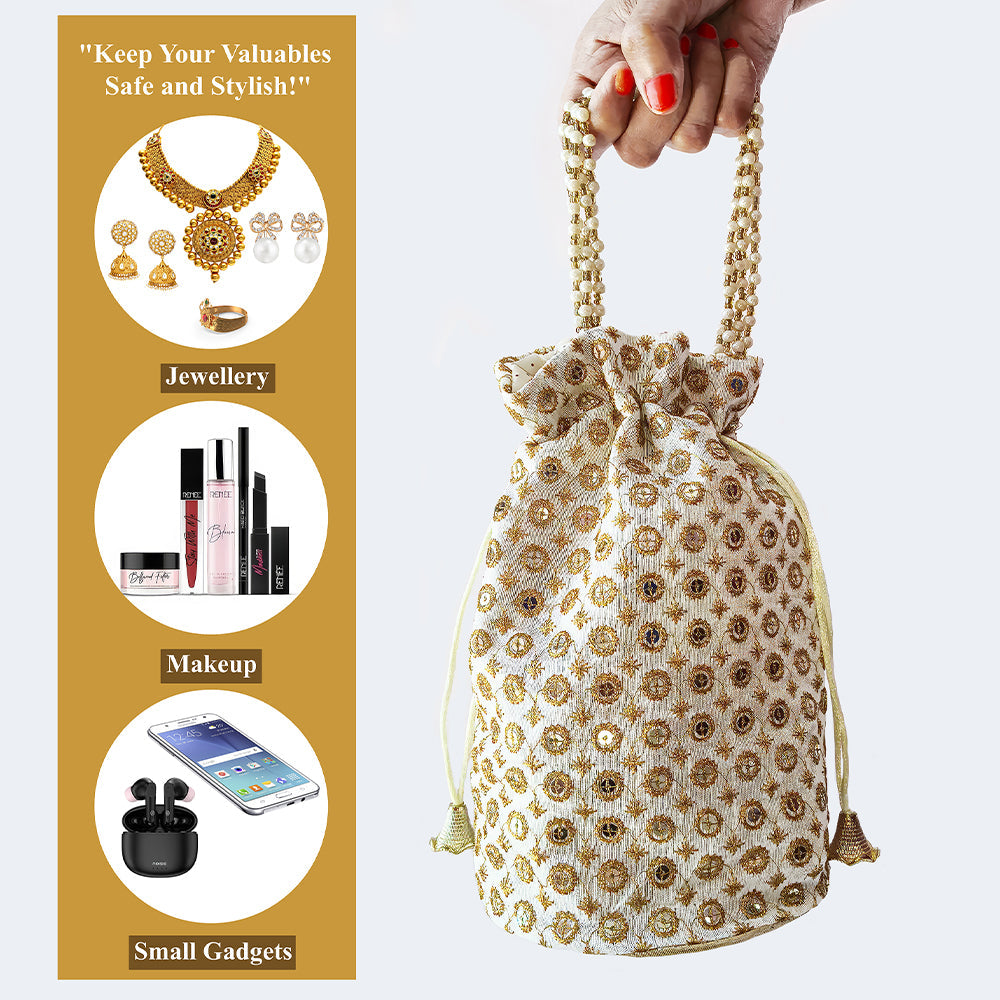 JS Fashion Cream & Gold Embroidered Potli Bag with Bead Work | Grocsy
