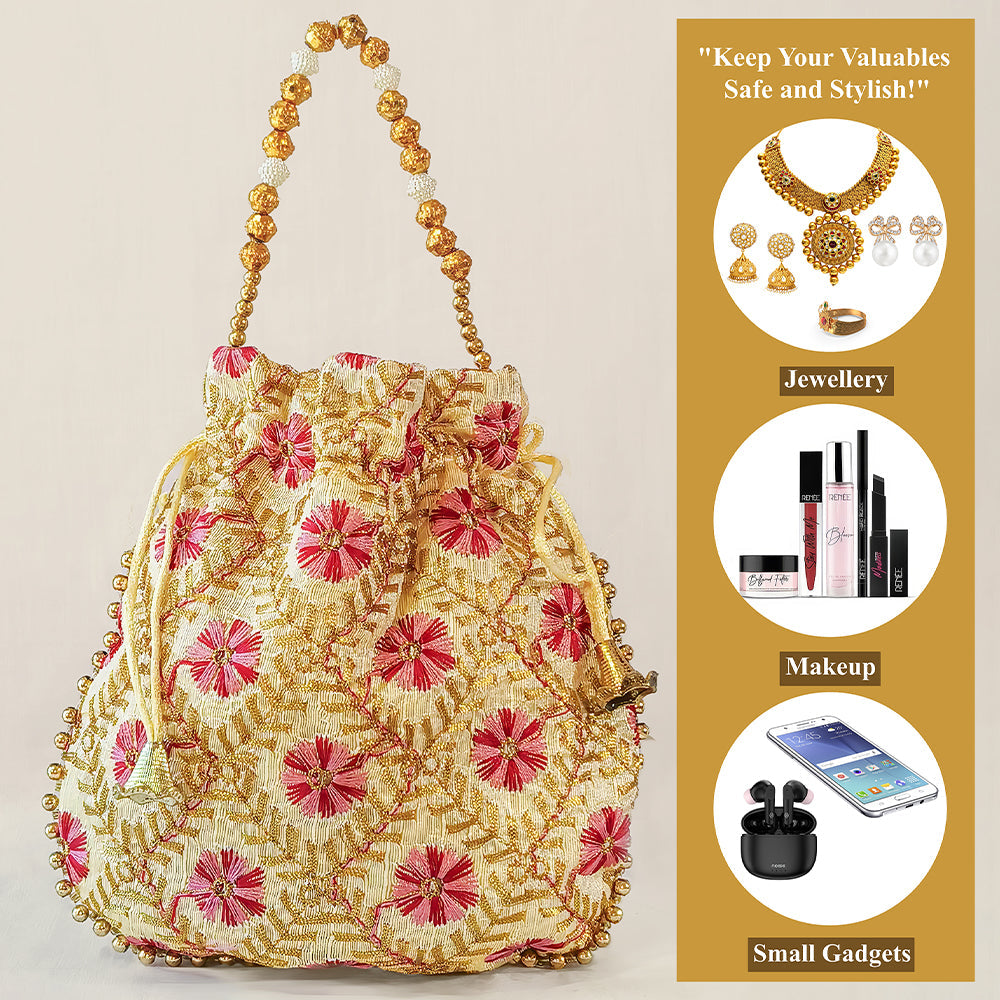 JS Fashion Embroidered Handcrafted Wedding Potli Bag with Beads | Grocsy