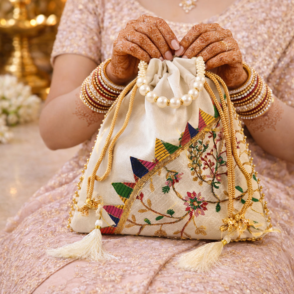 JS Fashion Embroidered Handcrafted Wedding Potli Bag with Beads | Grocsy