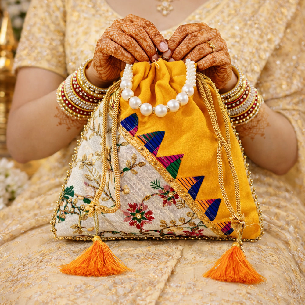 JS Fashion Embroidered Handcrafted Wedding Potli Bag with Beads | Grocsy