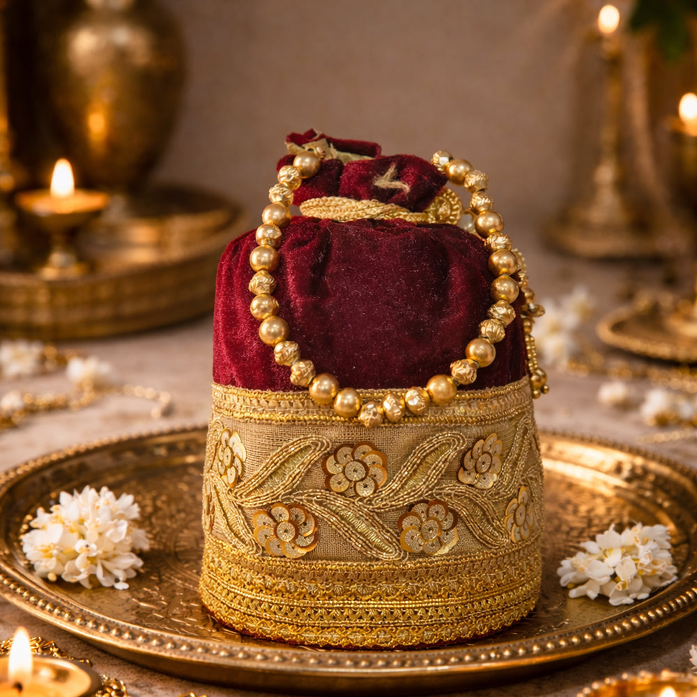 JS Fashion Silk Designer Potli Bag for Women with Golden Embroidery & Pearl Handle | Grocsy