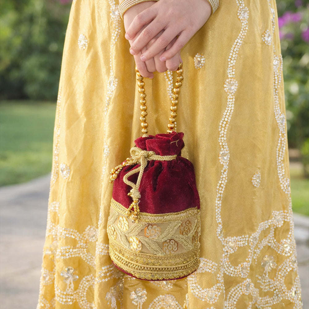 JS Fashion Silk Designer Potli Bag for Women with Golden Embroidery & Pearl Handle | Grocsy