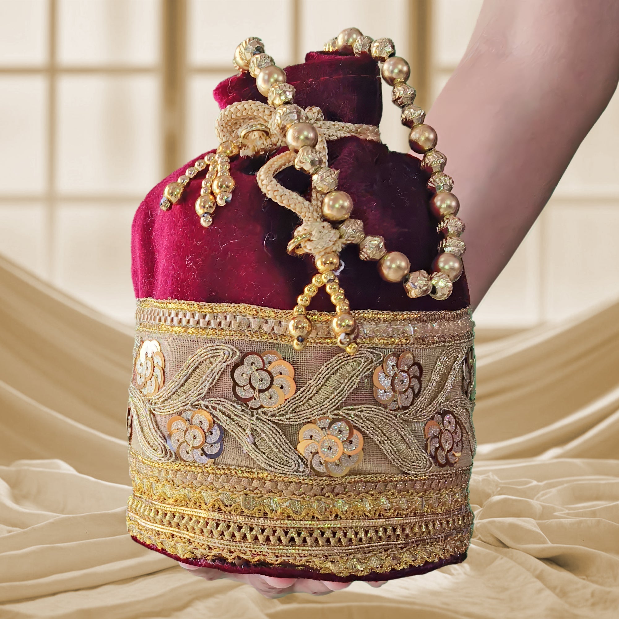 JS Fashion Silk Designer Potli Bag for Women with Golden Embroidery & Pearl Handle | Grocsy