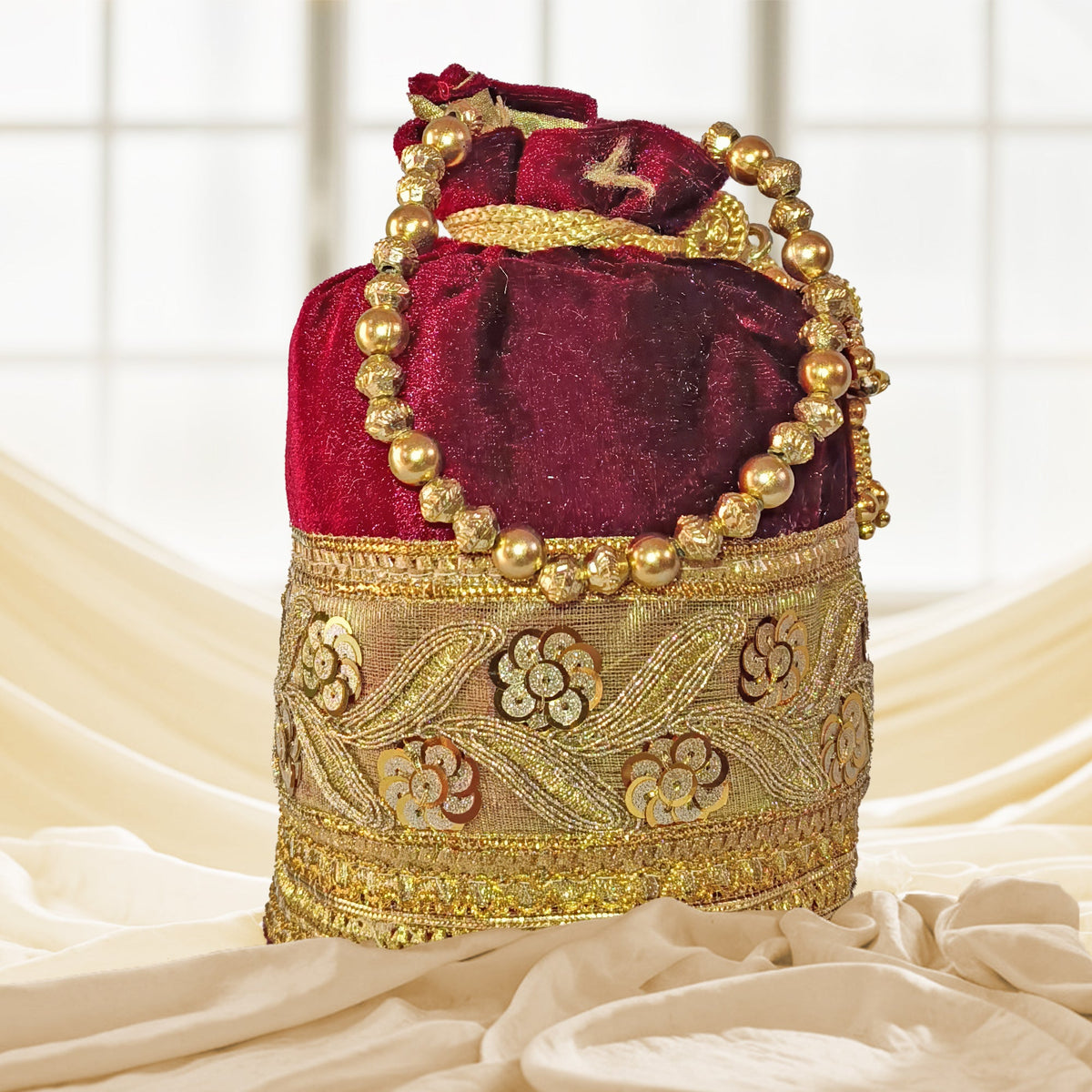 JS Fashion Silk Designer Potli Bag for Women with Golden Embroidery & Pearl Handle | Grocsy