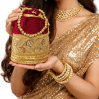 JS Fashion Silk Designer Potli Bag for Women with Golden Embroidery & Pearl Handle | Grocsy