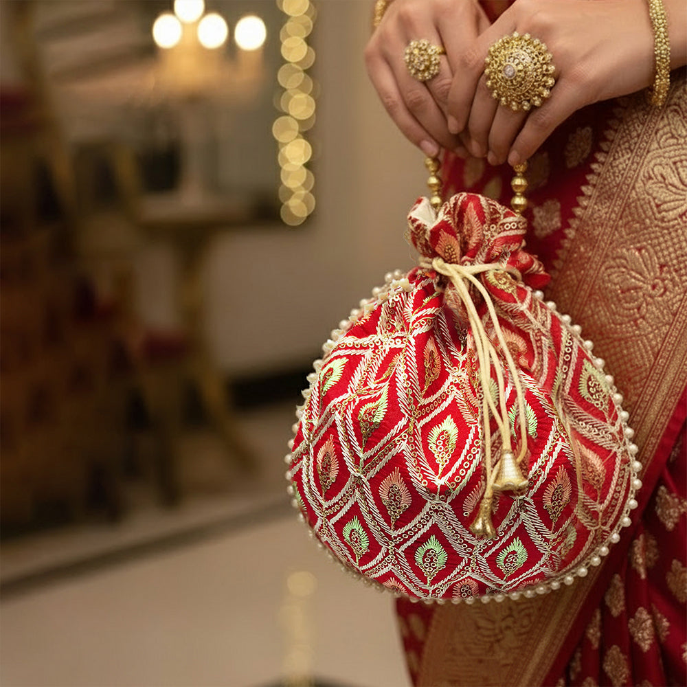 JS Fashion Embroidered Handcrafted Wedding Potli Bag with Beads | Grocsy