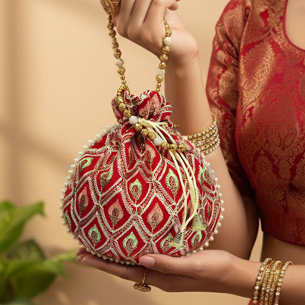 JS Fashion Embroidered Handcrafted Wedding Potli Bag with Beads | Grocsy