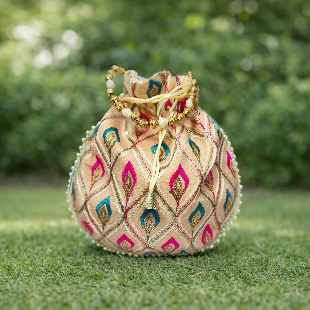 JS Fashion Embroidered Handcrafted Wedding Potli Bag with Beads | Grocsy