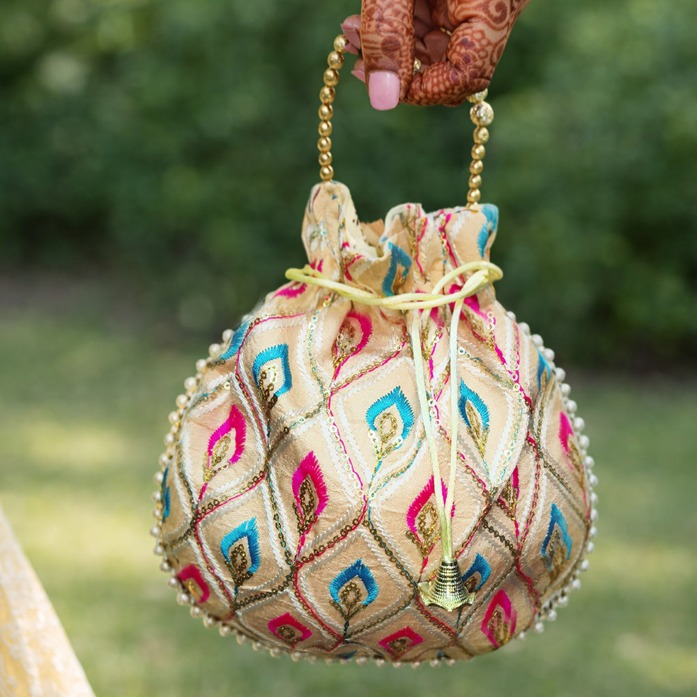 JS Fashion Embroidered Handcrafted Wedding Potli Bag with Beads | Grocsy