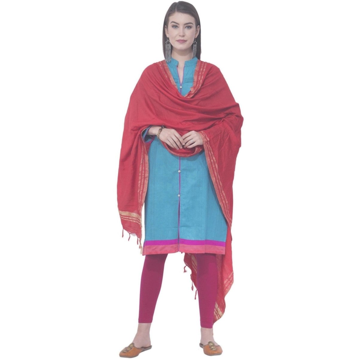 A R Silk Red Color Golden Border Cotton Dupattas and Chunnis | Grocsy