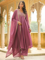 Janasya Lavender Georgette Yoke Embroidery Kurta,Bottom & Dupatta | Grocsy