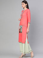 Yufta Women Pink Quirky Embroidered Straight Kurta | Grocsy