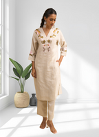Joban Fashion Beige Linen Embroidered Readymade Long Kurta With Pant | Grocsy