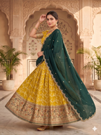 Teeya Creation Traditional Mustard Lehenga Choli Set with Festive Dark Green Embroidered Dupatta | Grocsy
