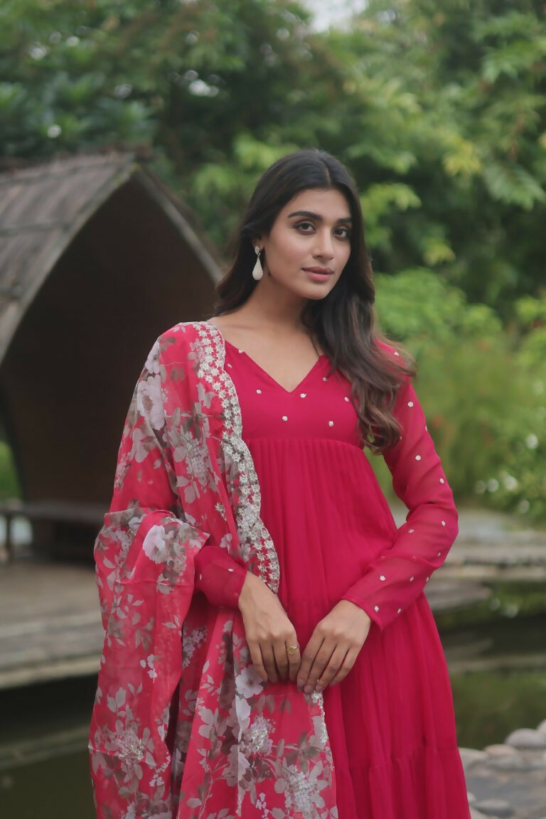 Jyoti Fashion Women's Pink Faux Blooming Butti Work Kurta with Trouser & Dupatta | Grocsy