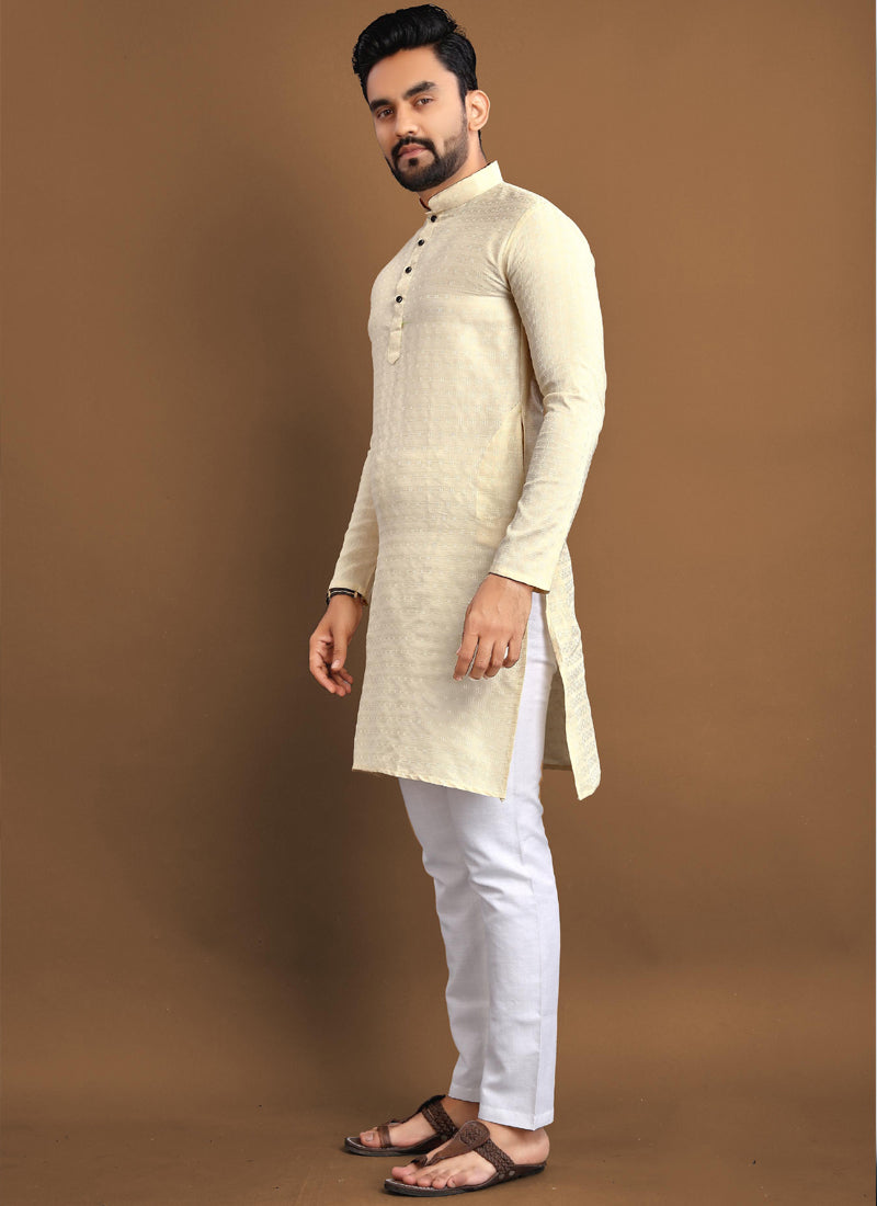 Prazu Fashion Cream Soft Jacquard With Self Buti Kurta | Grocsy
