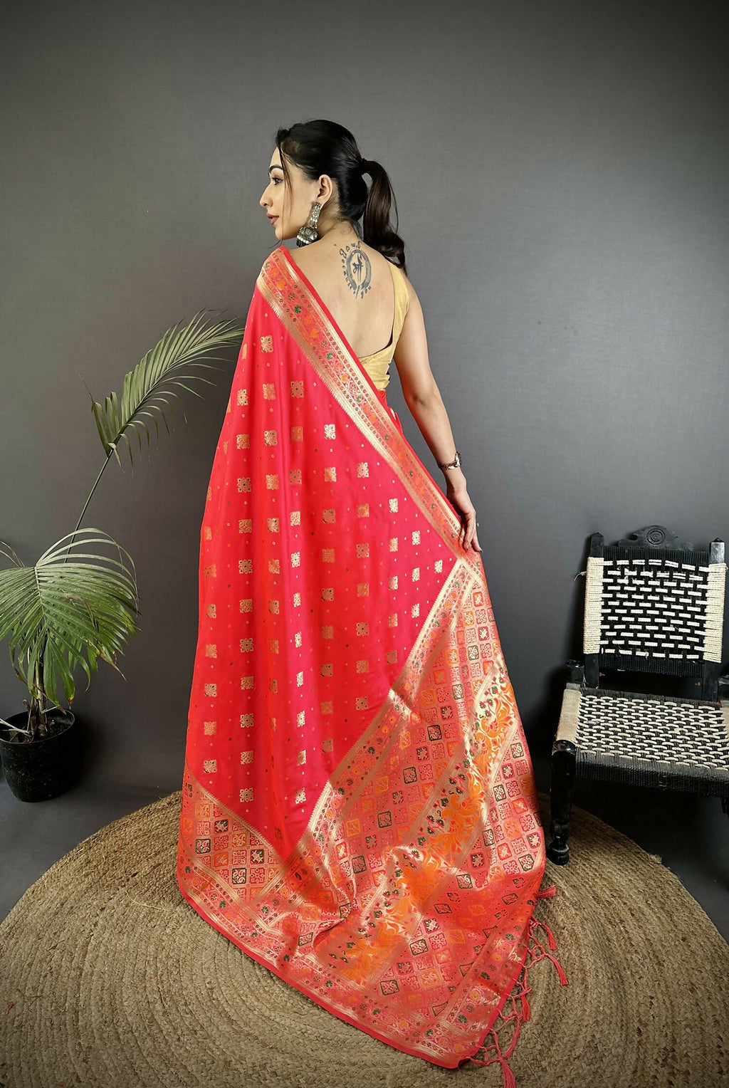 Joban Fashion Rani Pink Geometric Pattern Soft Silk Patola Saree | Grocsy