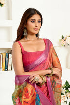 Joban Fashion  Onion Pink Floral Linen Ready To Wear Saree With Unstitched Blouse | Grocsy