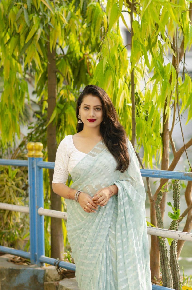 Blue Poly Chiffon Ethnic Motifs Saree with Unstitched Blouse - A2M | Grocsy