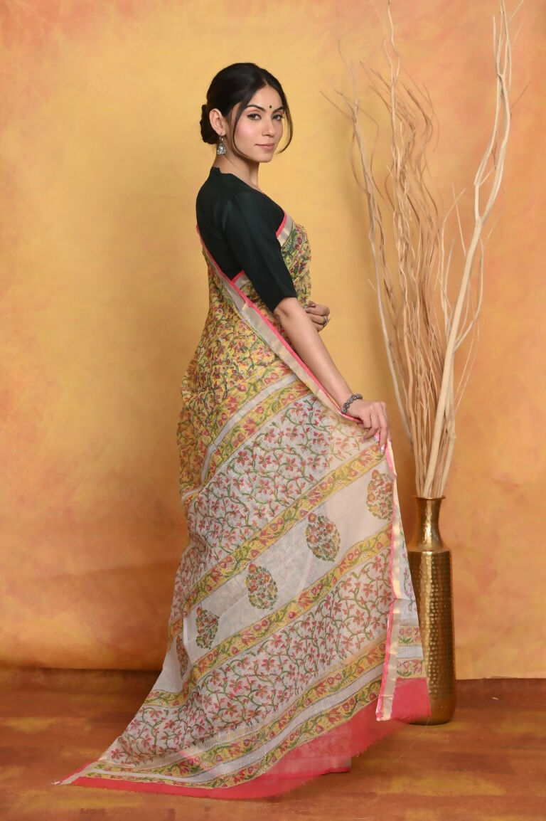 Very Much Indian Pure Kota Cotton Handblock Printed Saree - Yellow | Grocsy