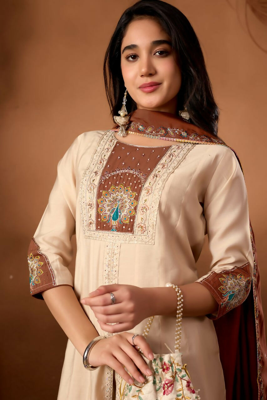 Lehenga Mart Designer Front-Slit Kurta, Paired With Wide-Leg Palazzo Pants And A Dupatta.-Cream | Grocsy