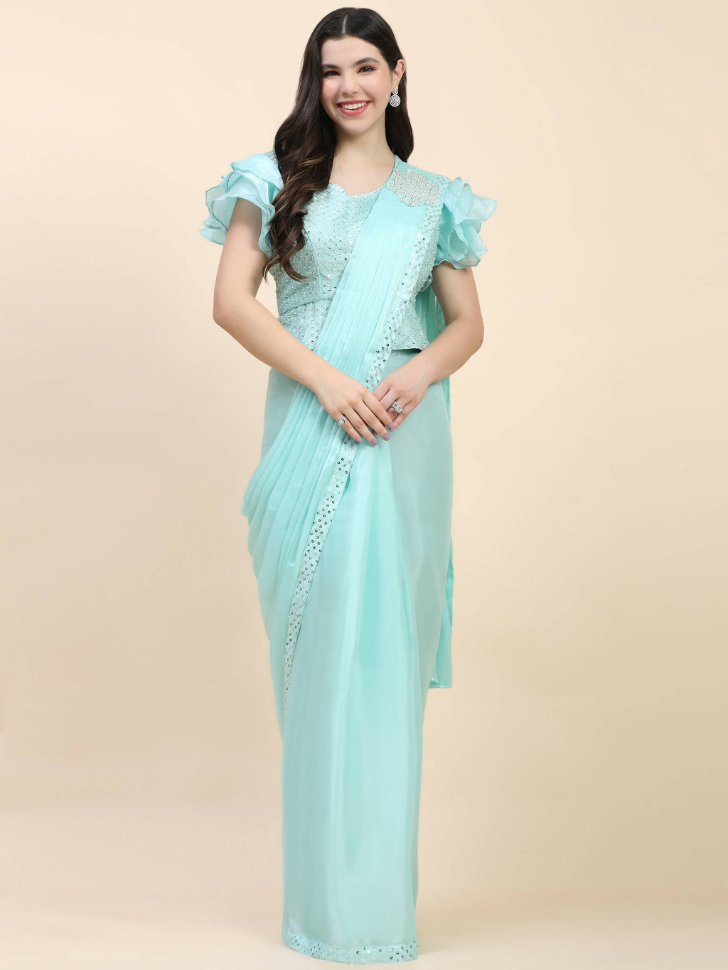 Light Blue Silk Satin Sequence Work Ready to Wear Saree with stitched Blouse - Nirvana | Grocsy