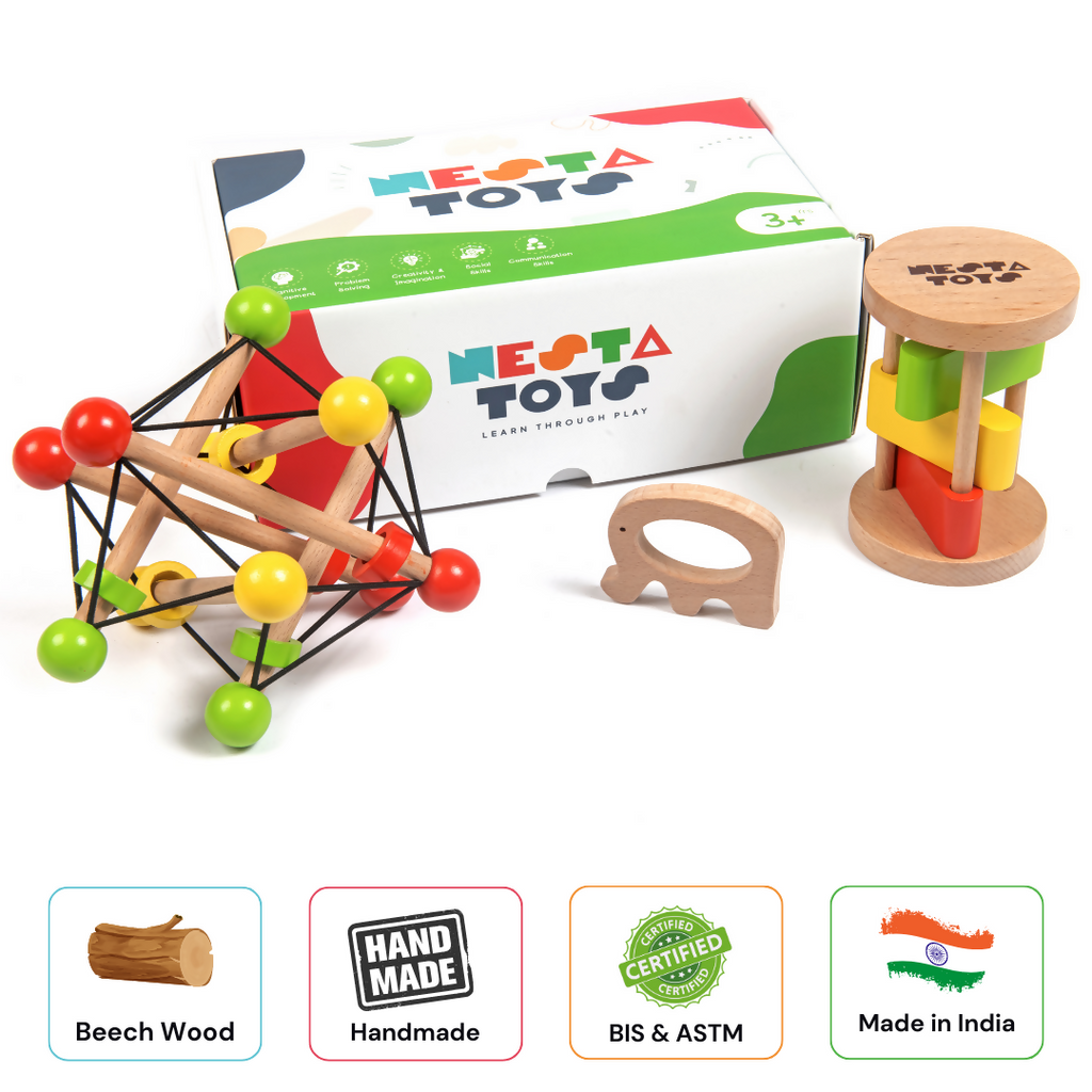 Nesta Toys Newborn Gift Set - Wooden Skwish Rattle, Clacker Rattle and Elephant Teether | Grocsy